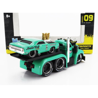 MAISTO MACK B-61 FLATBED TRUCK CAR TRANSPORTER 1953 WITH DODGE DART CUSTOM 1968 - GREEEN 1/64