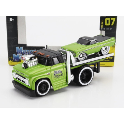 MAISTO CHEVROLET C-60 FLATBED CAR TRANSPORTER 1966 WITH CHEVROLET EL CAMINO PICK-UP CUSTOM 1959 - LIGHT GREEN MET 1/64