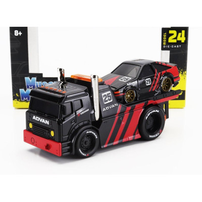 MAISTO TRUCK JDM FLATBED TRUCK CAR TRANSPORTER WITH TOYOTA SPRINTER TRUENO (AE86) ADVAN CUSTOM 1983 - BLACK RED 1/64