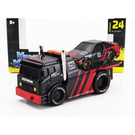 MAISTO TRUCK JDM FLATBED TRUCK CAR TRANSPORTER WITH TOYOTA SPRINTER TRUENO (AE86) ADVAN CUSTOM 1983 - BLACK RED 1/64