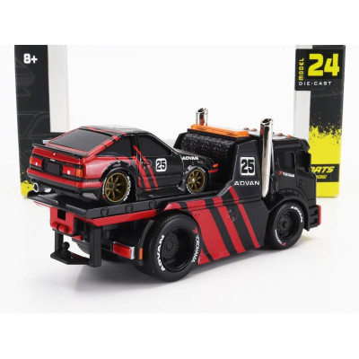 MAISTO TRUCK JDM FLATBED TRUCK CAR TRANSPORTER WITH TOYOTA SPRINTER TRUENO (AE86) ADVAN CUSTOM 1983 - BLACK RED 1/64
