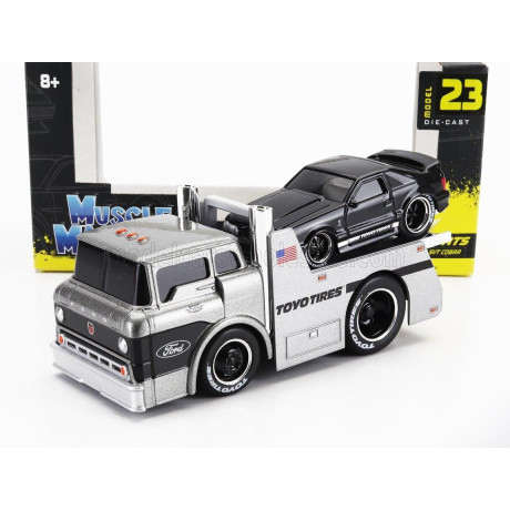 MAISTO FORD USA C600 FLATBED TRUCK CAR TRANSPORTER WITH MUSTANG SVT COBRA COUPE TOYO TIRES CUSTOM 1993 - SILVER BLACK 1/64