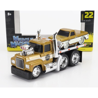 MAISTO MACK R685ST FLATBED TRUCK CAR TRANSPORTER WITH CHEVROLET C-10 PICK-UP CUSTOM 1972 - GOLD WHITE 1/64