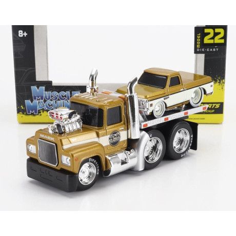 MAISTO MACK R685ST FLATBED TRUCK CAR TRANSPORTER WITH CHEVROLET C-10 PICK-UP CUSTOM 1972 - GOLD WHITE 1/64