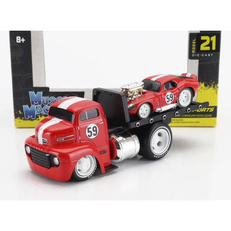 MAISTO FORD USA COE FLATBED TRUCK CAR TRANSPORTER WITH SHELBY DAYTONA COUPE N 59 CUSTOM 1965 - RED WHITE 1/64