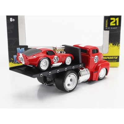 MAISTO FORD USA COE FLATBED TRUCK CAR TRANSPORTER WITH SHELBY DAYTONA COUPE N 59 CUSTOM 1965 - RED WHITE 1/64
