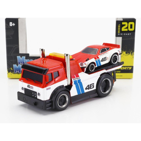 MAISTO TRUCK JDM FLATBED TRUCK CAR TRANSPORTER WITH DATSUN 240Z N 46 BRE CUSTOM 1972 - RED WHITE 1/64
