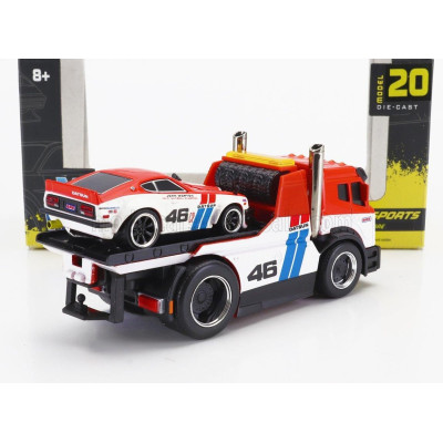 MAISTO TRUCK JDM FLATBED TRUCK CAR TRANSPORTER WITH DATSUN 240Z N 46 BRE CUSTOM 1972 - RED WHITE 1/64