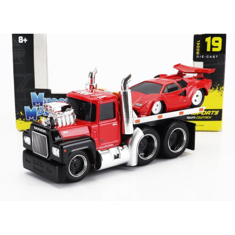 MAISTO MACK R685ST FLATBED TRUCK CAR TRANSPORTER WITH LAMBORGHINI COUNTACH CUSTOM 1988 - RED BLACK 1/64