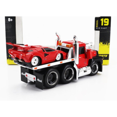 MAISTO MACK R685ST FLATBED TRUCK CAR TRANSPORTER WITH LAMBORGHINI COUNTACH CUSTOM 1988 - RED BLACK 1/64