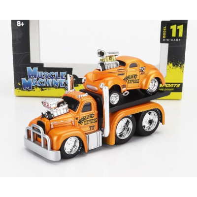 MAISTO MACK B-61 FLATBED TRUCK CAR TRANSPORTER 1953 WITH WILLYS COUPE GASSER CUSTOM 1941 - ORANGE MET 1/64