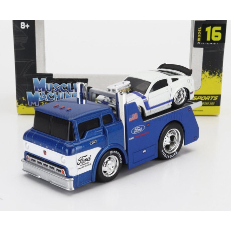 MAISTO FORD USA COE FLATBED TRUCK CAR TRANSPORTER 1965 WITH MUSTANG BOSS 302 CUSTOM 2013 - BLUE SILVER 1/64