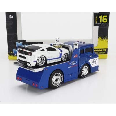 MAISTO FORD USA COE FLATBED TRUCK CAR TRANSPORTER 1965 WITH MUSTANG BOSS 302 CUSTOM 2013 - BLUE SILVER 1/64