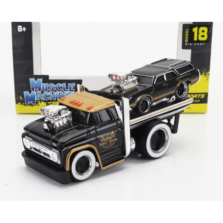MAISTO CHEVROLET C-60 FLATBED CAR TRANSPORTER 1966 WITH OLDSMOBILE VISTA CRUISER CUSTOM 1970 - BLACK GOLD 1/64
