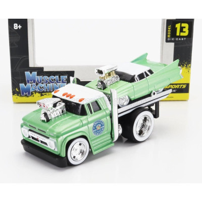 MAISTO CHEVROLET C-60 FLATBED CAR TRANSPORTER 1966 WITH CADILLAC CUSTOM 1961 - LIGHT GREEN MET 1/64