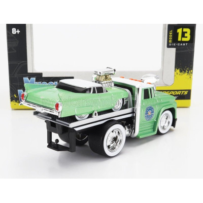 MAISTO CHEVROLET C-60 FLATBED CAR TRANSPORTER 1966 WITH CADILLAC CUSTOM 1961 - LIGHT GREEN MET 1/64