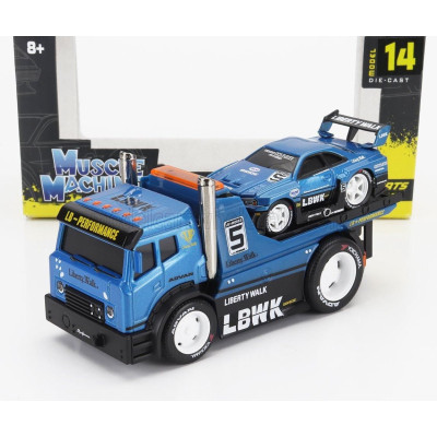 MAISTO TRUCK JDM FLATBED TRUCK CAR TRANSPORTER WITH NISSAN SKYLINE GT-R CUSTOM 1999 - BLUE MET BLACK 1/64