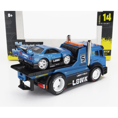 MAISTO TRUCK JDM FLATBED TRUCK CAR TRANSPORTER WITH NISSAN SKYLINE GT-R CUSTOM 1999 - BLUE MET BLACK 1/64