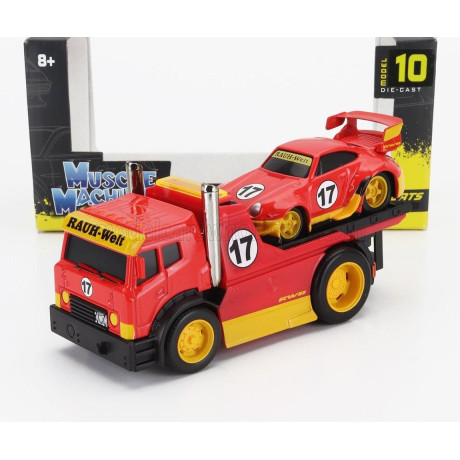 MAISTO TRUCK JDM FLATBED TRUCK CAR TRANSPORTER WITH PORSCHE 911 993 RWB CUSTOM 1996 - RED YELLOW 1/64