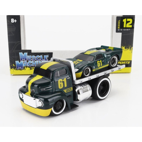 MAISTO FORD USA COE FLATBED TRUCK CAR TRANSPORTER 1965 WITH GT40 N 61 CUSTOM 1966 - GREEN MET YELLOW 1/64
