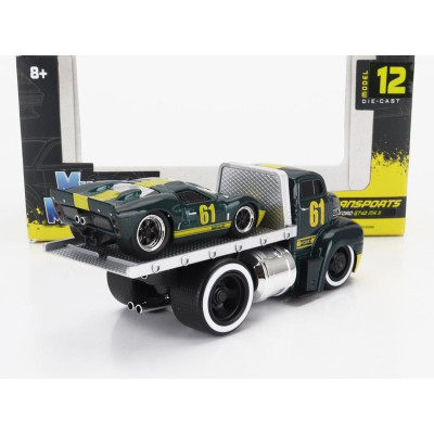 MAISTO FORD USA COE FLATBED TRUCK CAR TRANSPORTER 1965 WITH GT40 N 61 CUSTOM 1966 - GREEN MET YELLOW 1/64