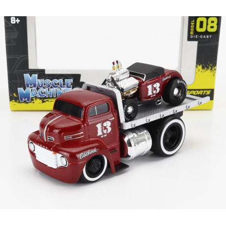 MAISTO FORD USA COE FLATBED TRUCK CAR TRANSPORTER 1965 WITH ROADSTER N 13 CUSTOM 1932 - RED MET 1/64