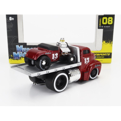 MAISTO FORD USA COE FLATBED TRUCK CAR TRANSPORTER 1965 WITH ROADSTER N 13 CUSTOM 1932 - RED MET 1/64