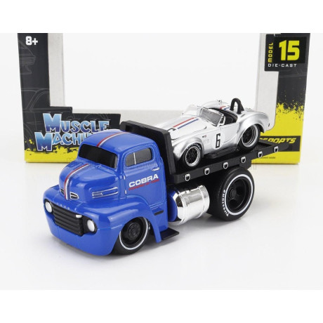 MAISTO FORD USA COE FLATBED TRUCK CAR TRANSPORTER 1965 WITH SHELBY COBRA N 6 CUSTOM 1964 - BLUE SILVER 1/64