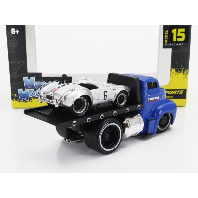MAISTO FORD USA COE FLATBED TRUCK CAR TRANSPORTER 1965 WITH SHELBY COBRA N 6 CUSTOM 1964 - BLUE SILVER 1/64