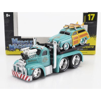 MAISTO MACK B-61 FLATBED TRUCK CAR TRANSPORTER WITH FORD WOODY CUSTOM 1950 - VERY LIGHT GREEN 1/64