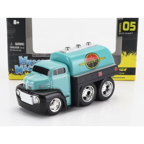 MAISTO FORD USA COE FUEL TANKER TRUCK GASOLINE 3-ASSI CUSTOM 1950 - LIGHT BLUE BLACK 1/64