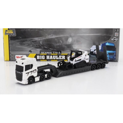 MAISTO SCANIA S770 V8 TRUCK PIANALE TRASPORTO BOBCAT RUSPA CINGOLATO WITH FRONT LOADER GRAPPLE - WHITE BLACK 1/64