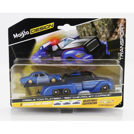 MAISTO TRUCK FLATBED RAMP TRUCK WITH CHEVROLET CAPRICE 1987 - BLUE BLACK 1/64