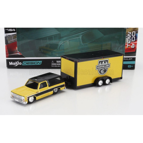 MAISTO CHEVROLET BLAZER K5 WITH TRAILER CAR TRANSPORTER 1979 - YELLOW BLACK 1/64
