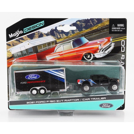 MAISTO FORD USA F-150 SVT RAPTOR PICK-UP WITH CAR TRANSPORTER TRAILER 2021 - BLACK 1/64
