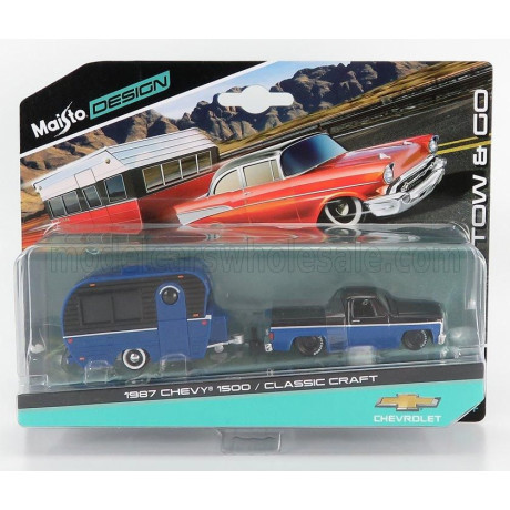 MAISTO CHEVROLET 1500 PICK-UP WITH TRAILER ROULOTTE 1987 - BLUE BLACK 1/64