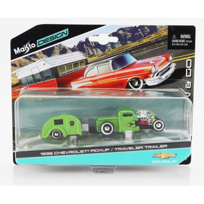 MAISTO CHEVROLET PICK-UP 1936 WITH TRAVELER TRAILER ROULOTTE CUSTOM 1936 - GREEN BLACK 1/64