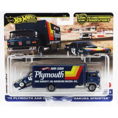 MATTEL HOT WHEELS TRUCK SAKURA SPRINTER CAR TRANSPORTER WITH PLYMOUTH CUDA N 42 RACING 1970 - BLUE 1/64