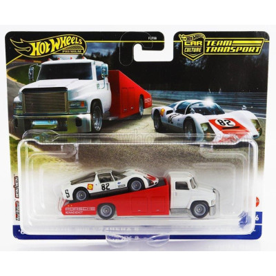 MATTEL HOT WHEELS TRUCK CARRY ON CAR TRANSPORTER WITH PORSCHE 906 CARRERA 6 N 82 RACING 1966 - WHITE RED 1/64