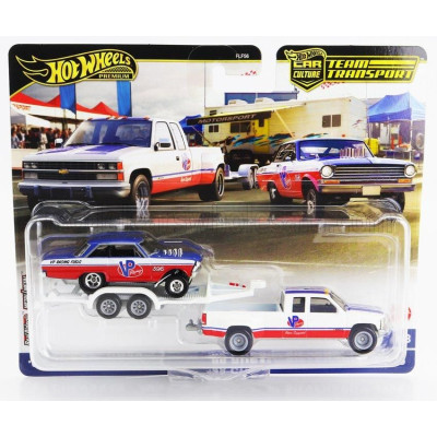 MATTEL HOT WHEELS CHEVROLET SILVERADO 3500 PICK-UP WITH TRAILER CAR TRANSPORTER + CHEVROLET NOVA 1963 - WHITE RED BLUE 1/64