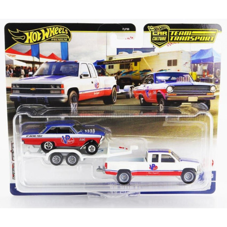 MATTEL HOT WHEELS CHEVROLET SILVERADO 3500 PICK-UP WITH TRAILER CAR TRANSPORTER + CHEVROLET NOVA 1963 - WHITE RED BLUE 1/64