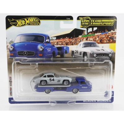 MATTEL HOT WHEELS MERCEDES BENZ TRUCK CAR TRANSPORTER WITH 300SL N 54 RACING 1955 - BLUE SILVER 1/64