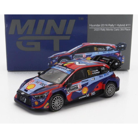 MINI GT HYUNDAI i20 N RALLY1 TEAM SHELL MOBIS WRT N 11 3rd RALLY MONTECARLO 2023 THIERRY NEUVILLE - MARTIJN WYDAEGHE - 2 TONE BL