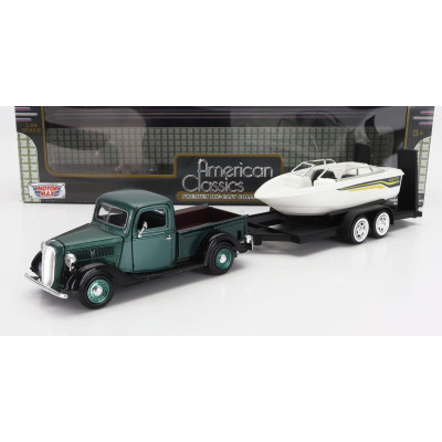 MOTOR MAX FORD USA PICK-UP WITH TRAILER + BOAT 1937 - GREEN MET WHITE 1/24