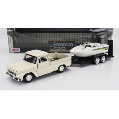 MOTOR MAX CHEVROLET C-10 FLEETSIDE PICK-UP WITH TRAILER + BOAT 1966 - CREAM WHITE 1/24