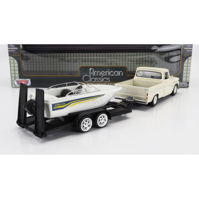 MOTOR MAX CHEVROLET C-10 FLEETSIDE PICK-UP WITH TRAILER + BOAT 1966 - CREAM WHITE 1/24