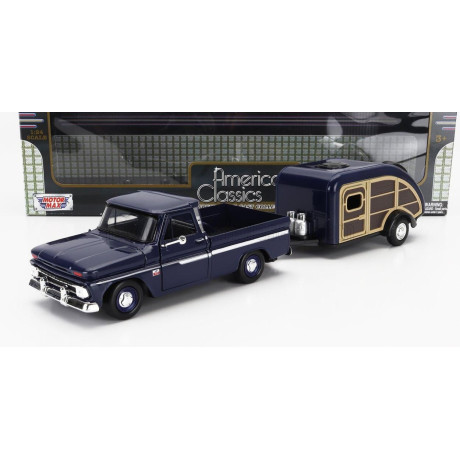 MOTOR MAX CHEVROLET C-10 FLEETSIDE PICK-UP WITH TRAILER ROULOTTE 1966 - BLUE WOOD 1/24