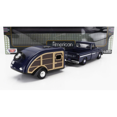MOTOR MAX CHEVROLET C-10 FLEETSIDE PICK-UP WITH TRAILER ROULOTTE 1966 - BLUE WOOD 1/24