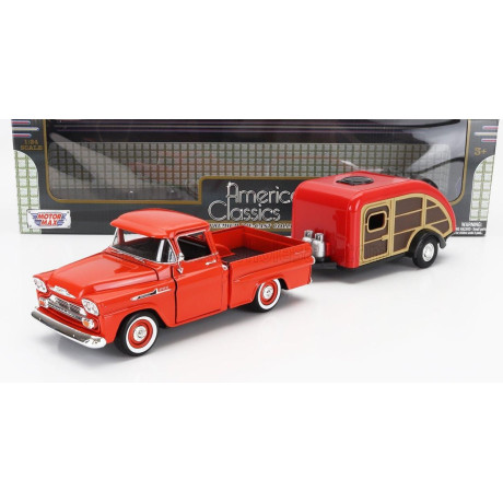 MOTOR MAX CHEVROLET APACHE PICK-UP WITH TRAILER ROULOTTE 1958 - DARK ORANGE 1/24