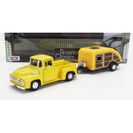 MOTOR MAX FORD USA F-100 PICK-UP WITH TRAILER ROULOTTE 1955 - YELLOW WOOD 1/24